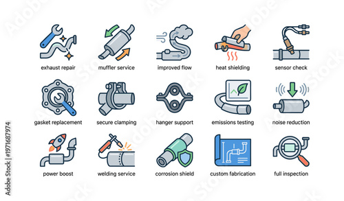 Automotive maintenance icons: repair, service, and testing symbols