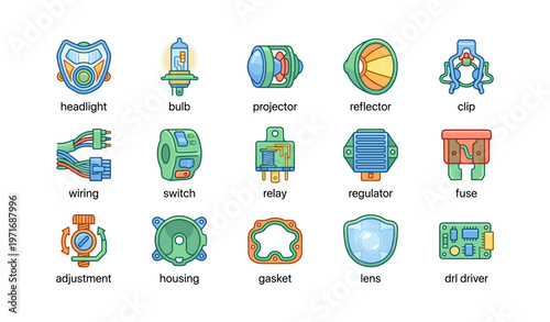 Colorful automotive parts icons featuring headlight, bulb, and projector components