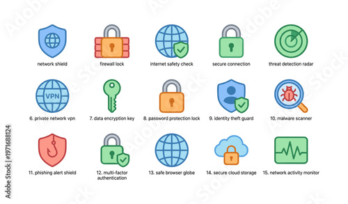 Cybersecurity icons illustrating network protection and secure connections