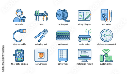 Network installation tools and devices: cables, routers, diagrams, and setups illustrated
