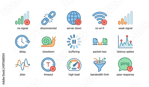 Connection issues icons: no signal, timeout, high load, wi-fi, bandwidth limit