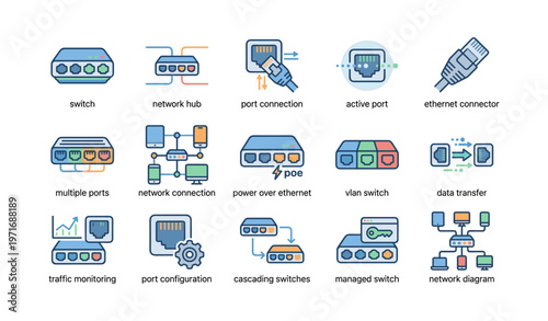 Network equipment icons: switch, hub, ethernet, vlan, data transfer, traffic monitoring
