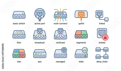 Twelve network icons illustrating various connectivity functions and features