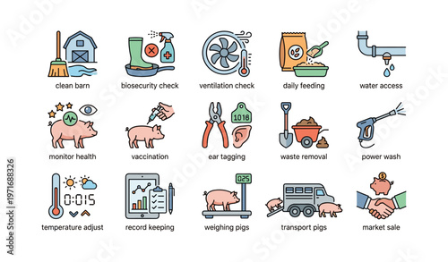 Pigs farm management icons: feeding, health monitoring, transport, market sale