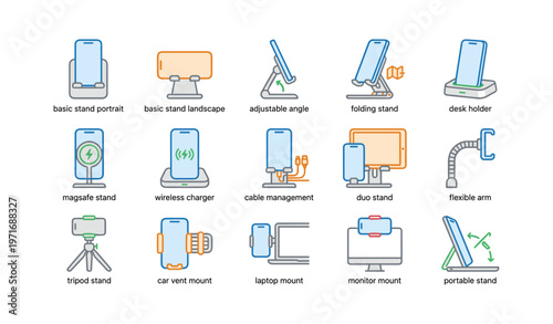 Various smartphone and device stands with charging and mounting options