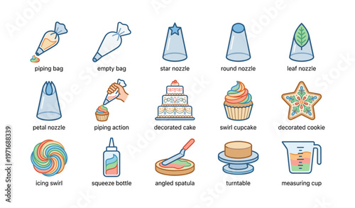 Baking tools icons: piping bags, nozzles, cupcake, icing, spatula, turntable