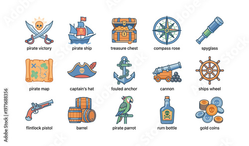 Pirate adventure icons featuring ship, treasure chest, and parrot