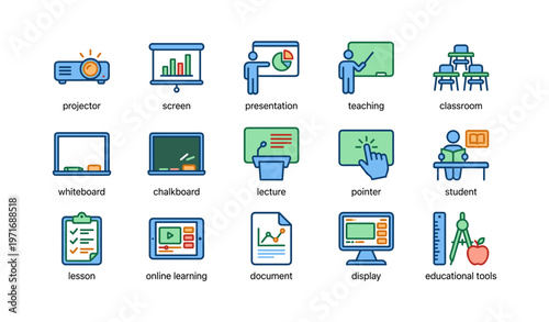 Educational tools and classroom icons for learning and teaching