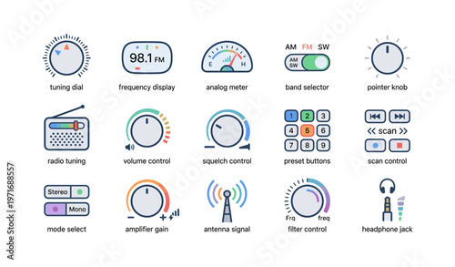 Radio interface icons set: tuning dial, volume control, frequency display