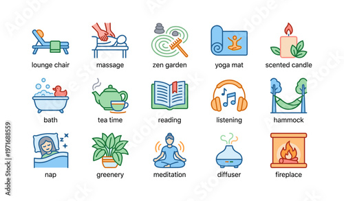 Relaxation icons: lounge chair, massage, zen garden, yoga mat, scented candle