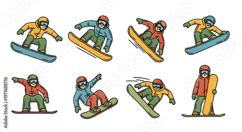 Snowboarders performing various actions in colorful vector illustration