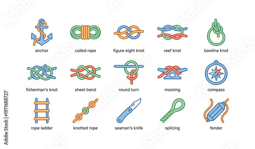 Nautical knot guide with anchor, compass, and rope illustrations