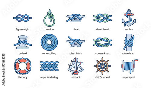 Nautical knots and equipment illustrations featuring various knot types and maritime tools