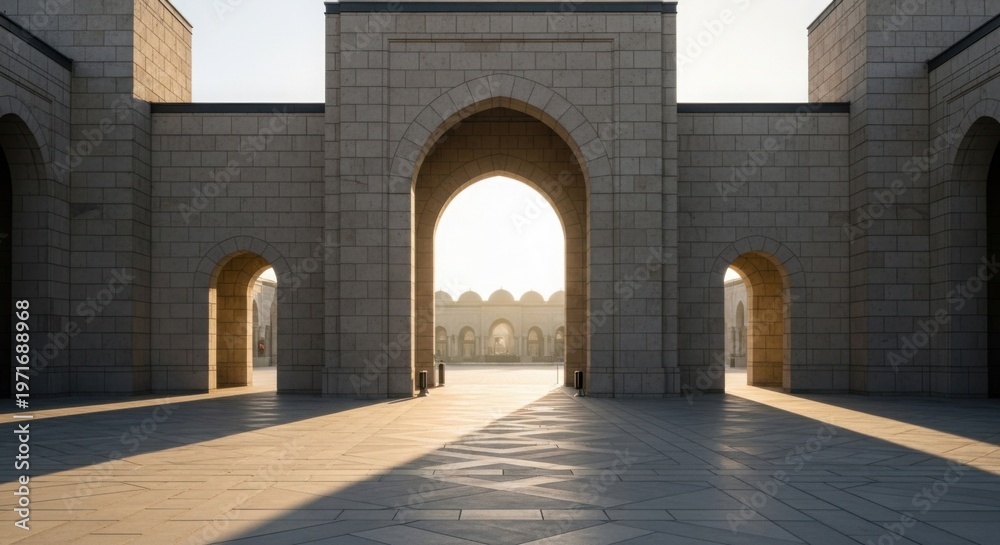 Fototapeta premium A grand view of a stone architectural complex featuring symmetrical arched gateways and a sunlit courtyard that creates long, sharp geometric shadows across the paved plaza during a bright morning.