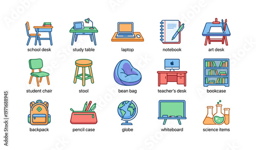 Colorful school supplies collection: desks, notebooks, and educational tools