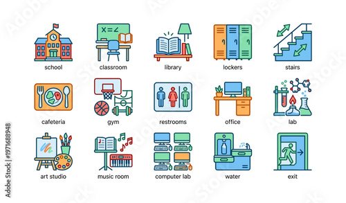 School facility icons collection: classroom, library, gym, art studio, computer lab