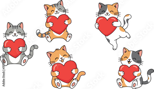 Adorable Cats Holding Red Hearts Illustration Set for Valentine's Day, Love, and Cute Animal Designs