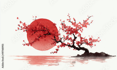 Bonsai Tree With Pink Blossoms And Red Sun For Japanese Culture Concepts