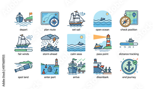 Nautical journey icons depicting sea travel stages: ships, navigation, and ocean exploration