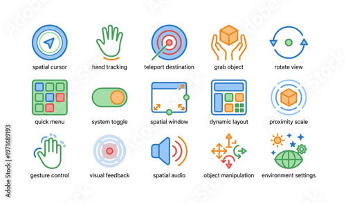 Virtual reality interface icons: navigation, interaction, and settings in vr technology