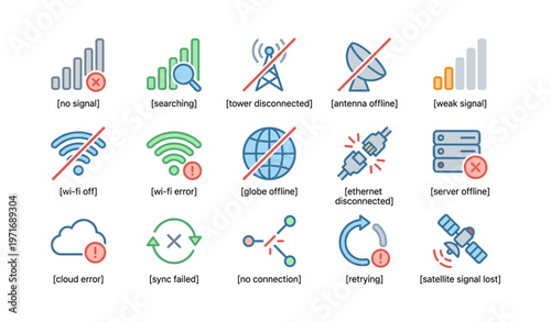 Network connection error icons with status indicators and alert symbols
