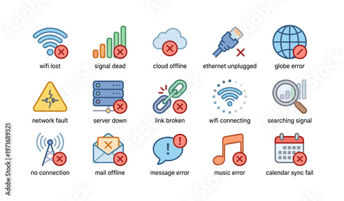 Network and communication error icons: connectivity issues illustrated