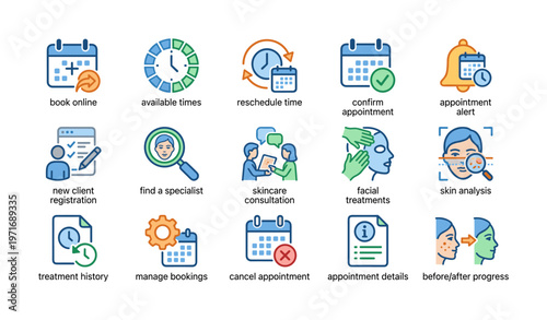 Appointment scheduling icons: online booking, consultation, skincare, time management