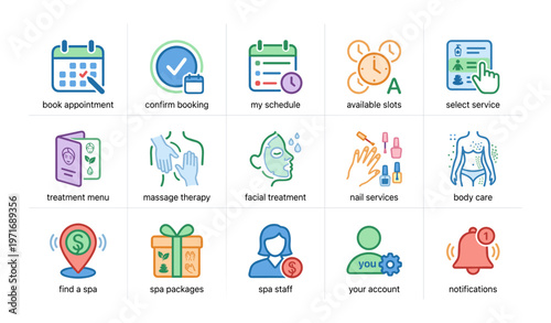 Spa service icons: appointment, treatment, massage, slots, care