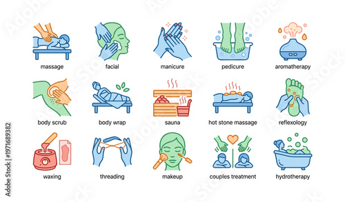 Spa and wellness icons featuring massage, facial, manicure, pedicure, aromatherapy, sauna, reflexology