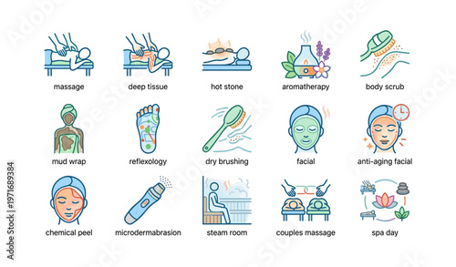 Spa treatment icons - massage, aromatherapy, reflexology, facial, anti-aging