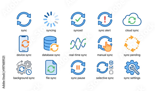 Sync icons collection: cloud, device, real-time, file, manual settings