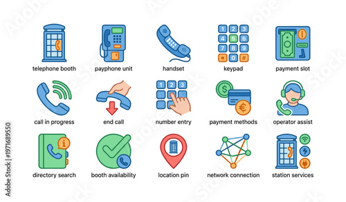 Colorful icon set of telephone and communication devices and services