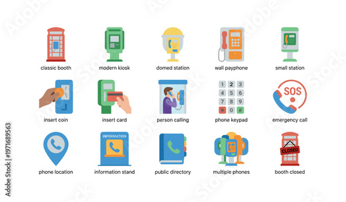 Retro and modern phone booth icons for public communication and emergency calls