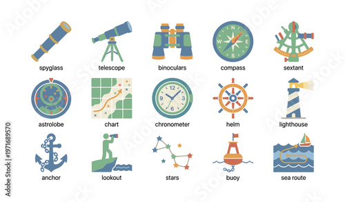 Collection of nautical and navigation instruments including spyglass, telescope, compass, and lighthouse