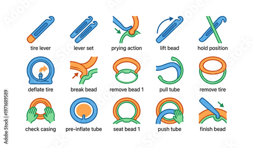 Bicycle tire repair guide: step-by-step instructional icons for tube replacement