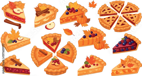 Autumn Pie Collection Vector Set Featuring Different Flavors of Pies with Apples, Berries, and Fall Leaves for Seasonal Dessert Designs