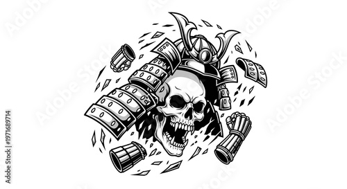 Samurai skull illustration with armor and shattered elements on white