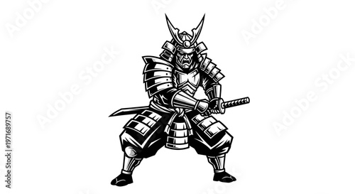Samurai warrior illustration holding sword isolated on white background