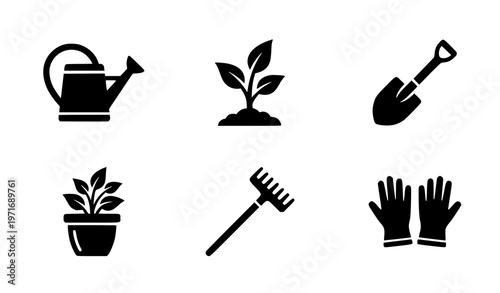 Gardening icon silhouette vector set with watering can plant shovel rake and gloves in minimal black design