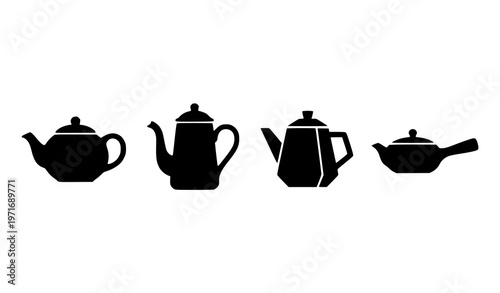 Minimal black teapot icon vector with ceramic tea pot silhouettes for beverage and kitchen design