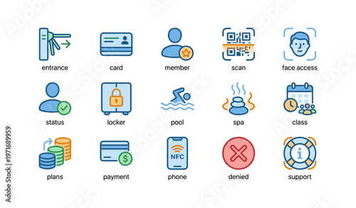 Fitness center icon set featuring entrance, membership, pool, spa, nfc payment, and support