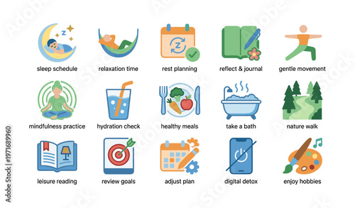 Wellness routine: mindfulness, relaxation, hydration, and healthy habits icons