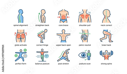 Exercise icons for posture and strength: spinal alignment, core brace, glute activation