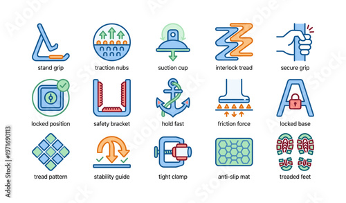 Safety icons: grip, traction, lock, stability, security features explained
