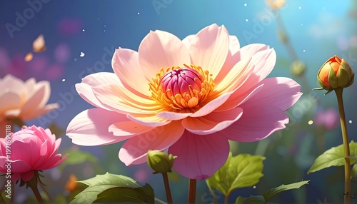 Beautiful pink flower in a sunny garden with a blurred background.