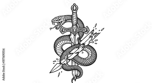 Snake coiled around a sword piercing a broken object on white background
