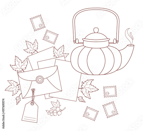 Outline Fine Porcelain Teapot with Steaming. Vintage Letter, Stamps Gift Tag, Berry Currant with Leaves. Kettle, Craft Stationery and Snail Mail Aesthetic. Line Art coloring page. Vector Illustration