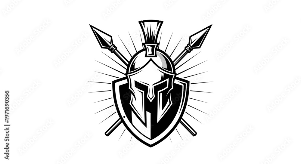 Fototapeta premium Spartan helmet and spears illustration on shield isolated black and white