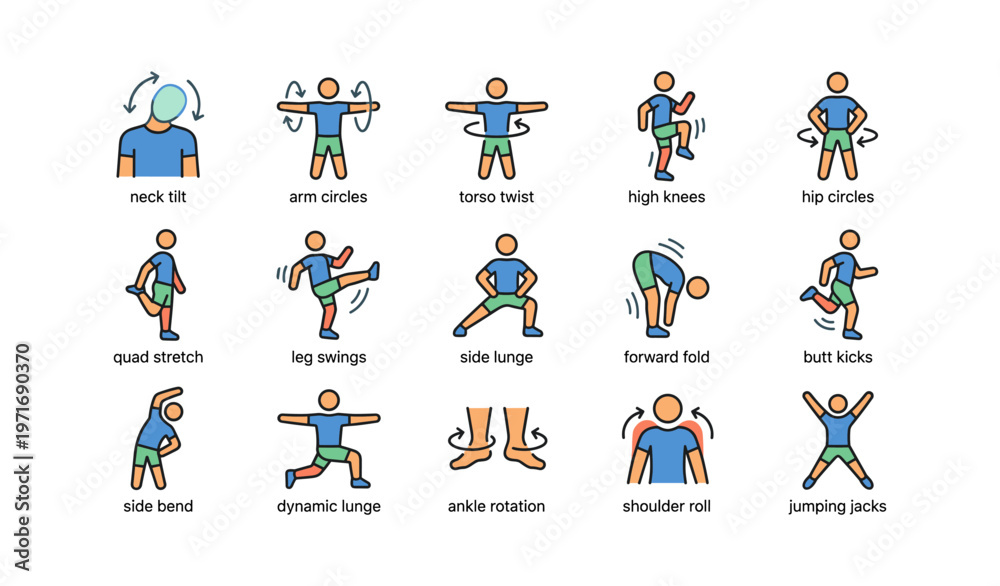 Fototapeta premium Illustrated guide to stretching exercises and warm-ups