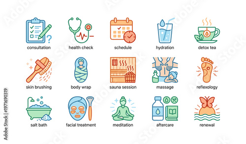 Holistic wellness icons featuring health check, meditation, detox tea, and spa treatments